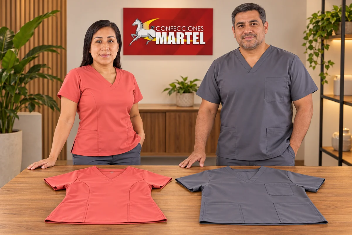 Modelos junto a top coral con costuras curvas y top gris de corte recto extendidos sobre mesa.