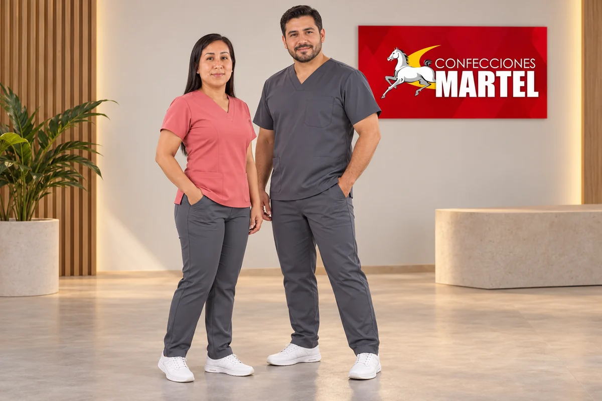 Mujer con scrub coral y hombre con scrub gris acero, ambos con pantalones grises.