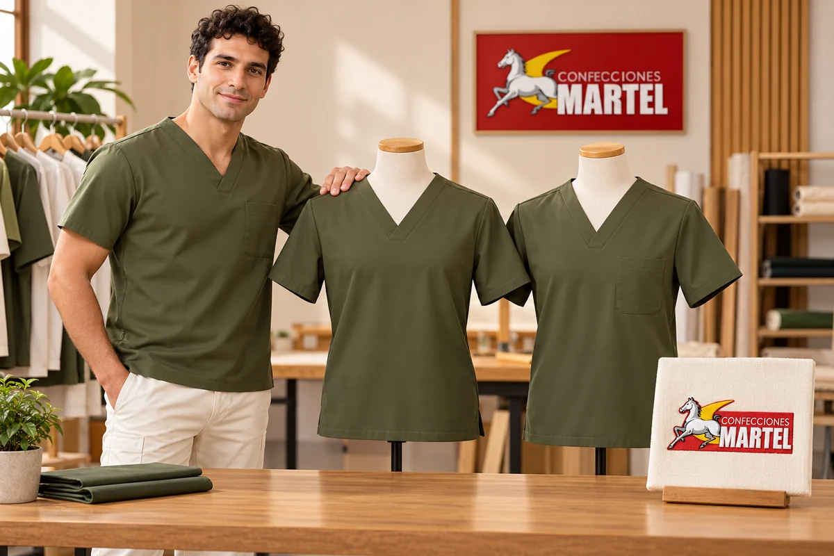 Modelo junto a dos filipinas oliva, con y sin bolsillo de pecho, y muestra separada con logo.