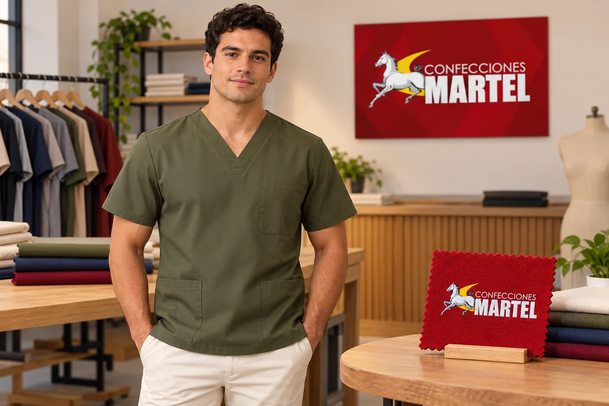 Vista frontal de filipina oliva sin logo sobre el pecho, junto a una muestra textil roja con marca Martel.