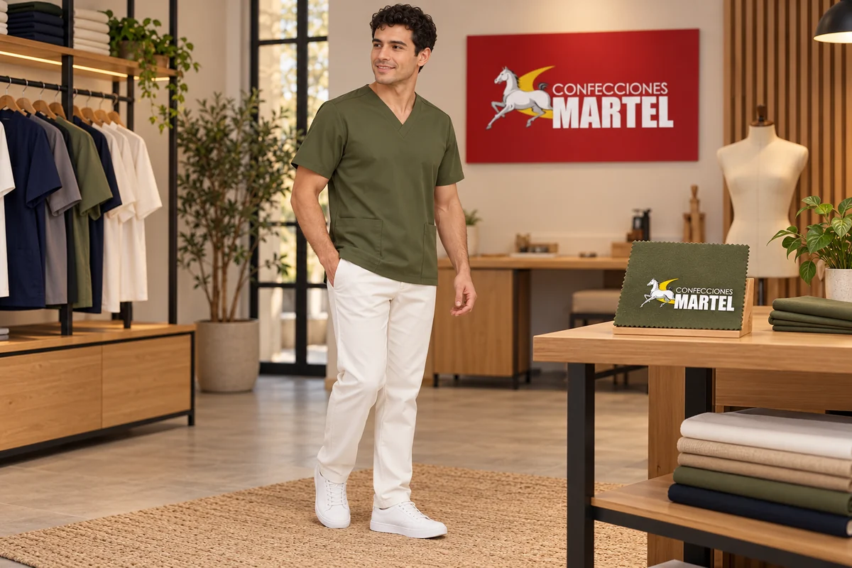 Modelo con filipina verde oliva y pantalón blanco roto junto a una muestra separada con logo Martel.