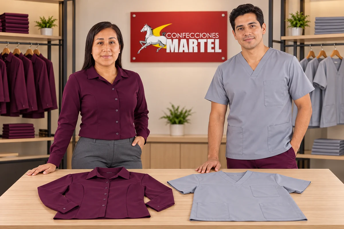 Dos modelos presentan blusa ciruela abotonada y top scrub gris sobre una mesa.