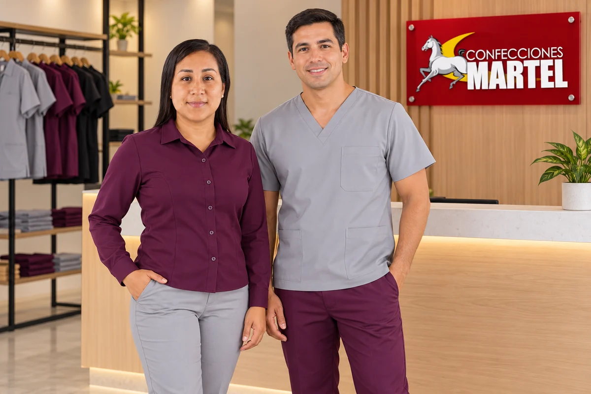 Modelos con blusa administrativa ciruela y scrub gris frente a mostrador de estudio.