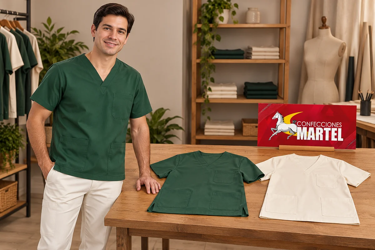 Modelo junto a muestras de scrub verde bosque y marfil con diferentes terminaciones de bajo.