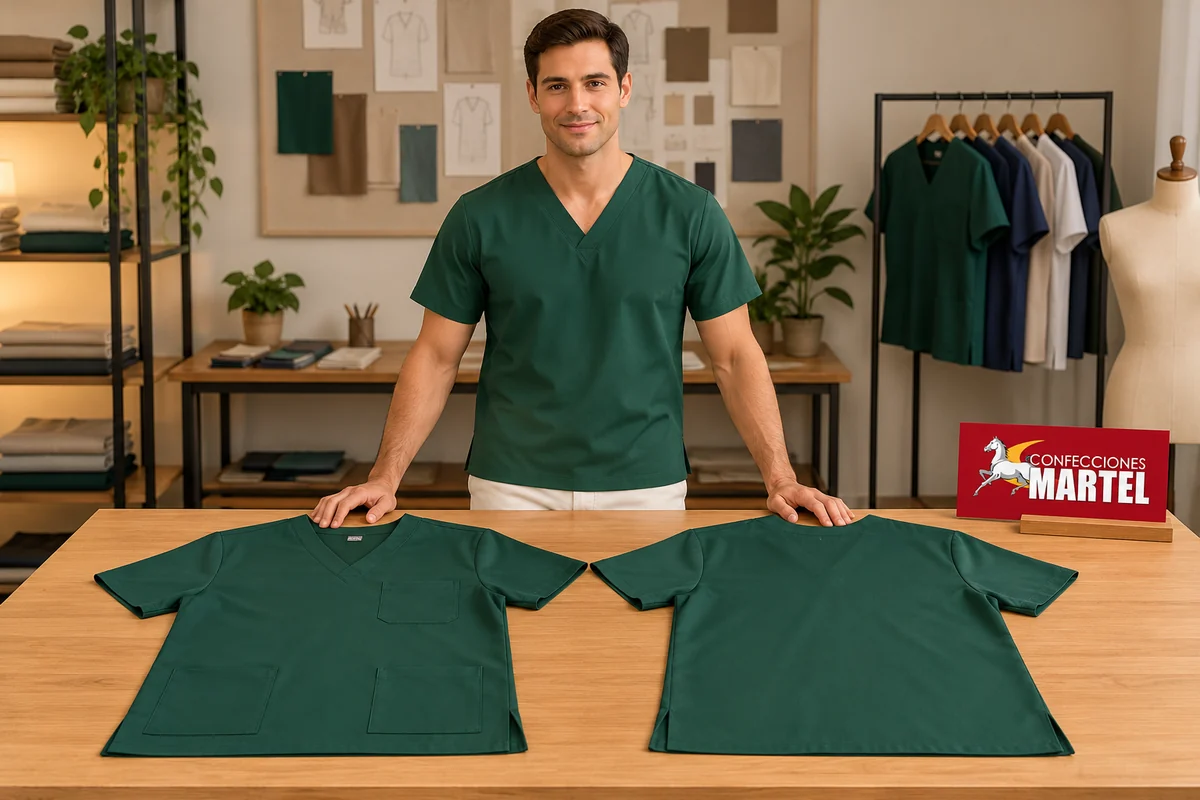 Modelo detrás de dos muestras verdes extendidas, una por el frente con bolsillos y otra por la espalda.