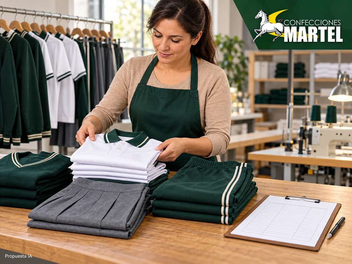 Propuesta ilustrativa Martel: adulto ordena prendas y ficha vacía sin datos del cliente.