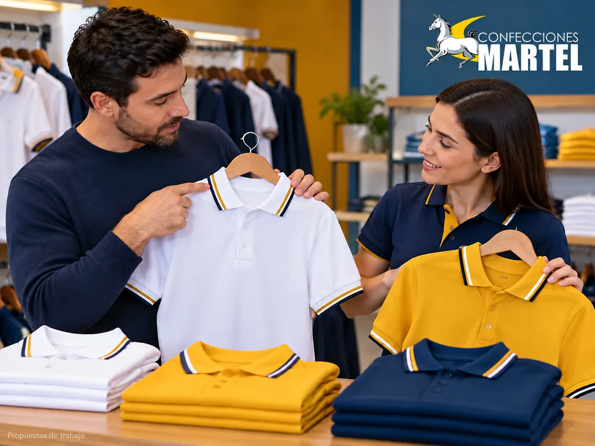 Propuesta ilustrativa Martel: comprador señala cuello y color de polo.