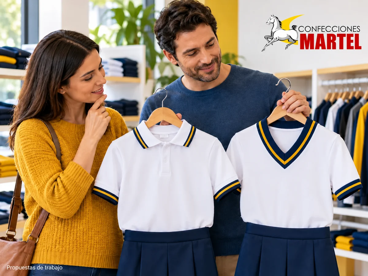 Dos adultos ficticios comparan conjuntos de polo blanco y falda azul: cuello camisero frente a cuello en V con ribetes amarillos. Propuesta de trabajo Martel.