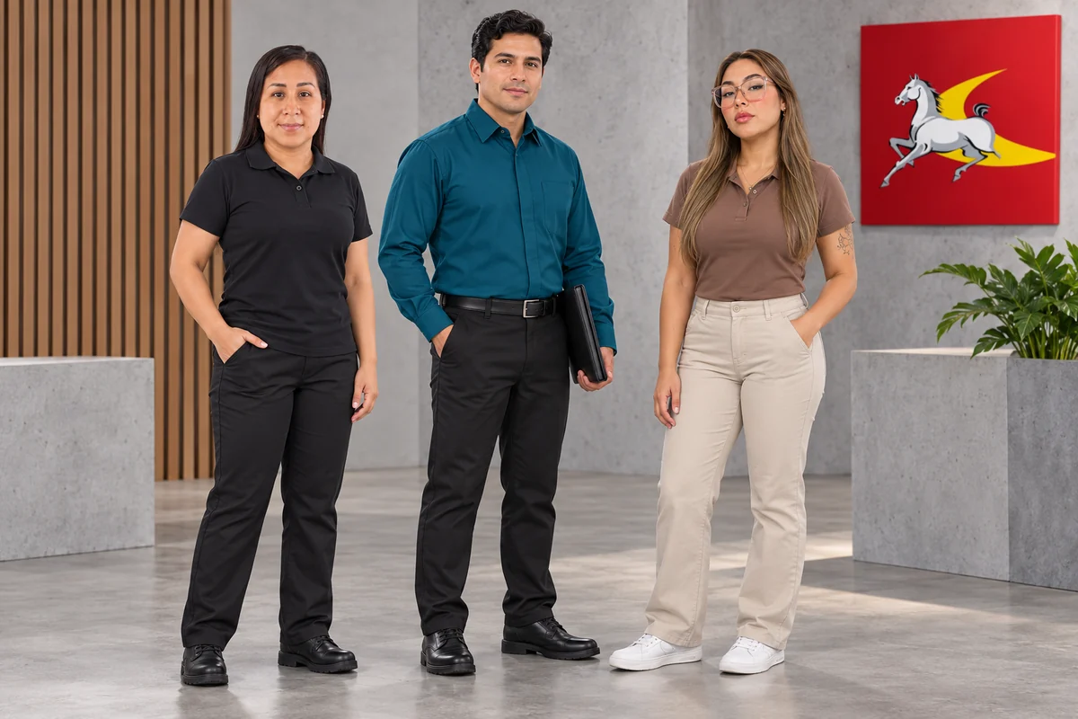 Modelo adulto con camisa turquesa de frente cubierto y pantalón negro junto a dos modelos adultas