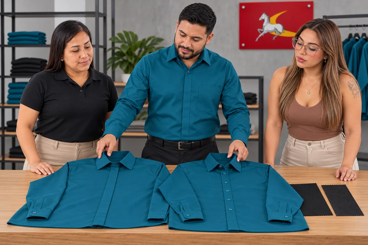 Tres modelos adultos comparan dos camisas turquesa con tapeta cubierta y botones visibles