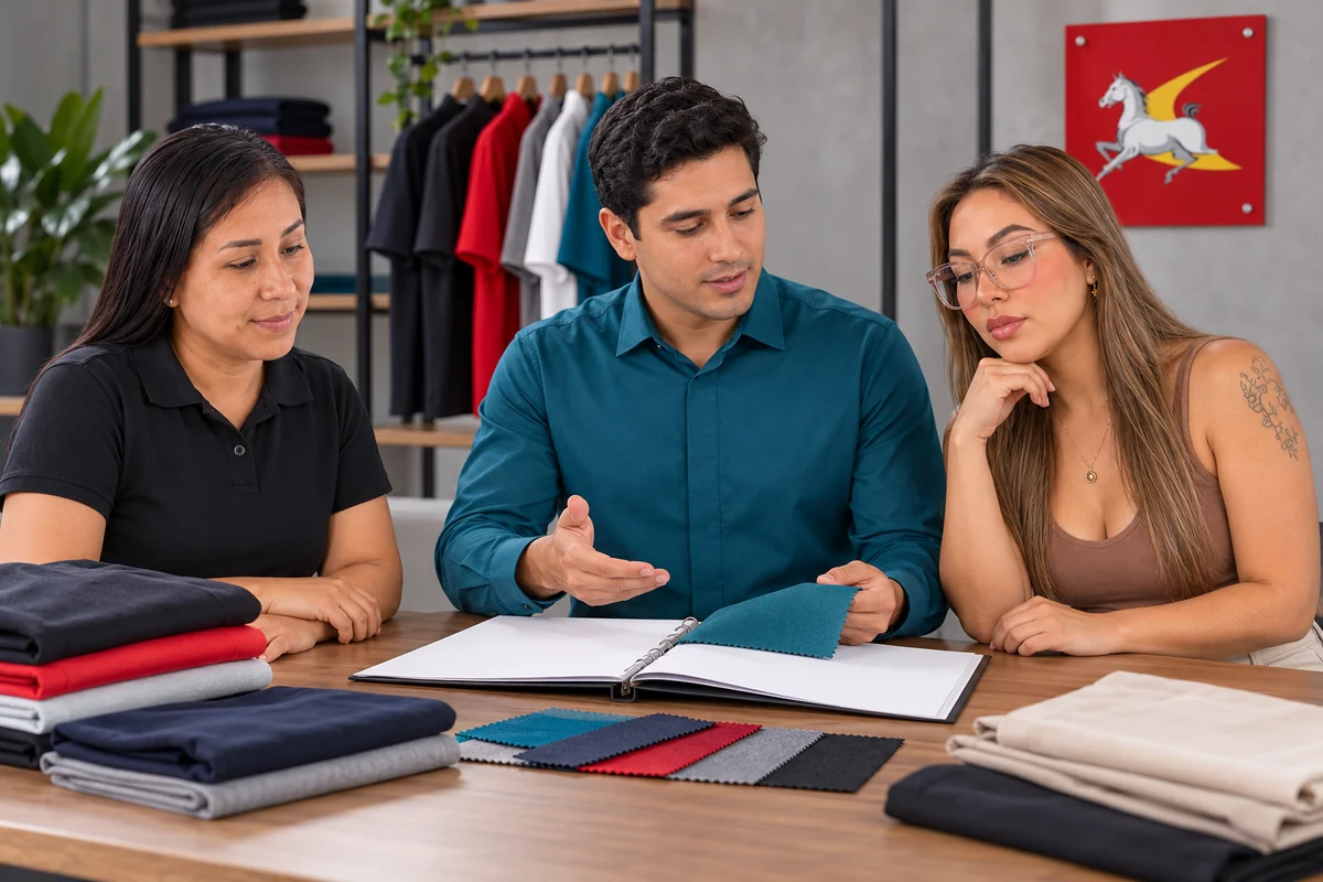 Tres modelos adultos revisan una carpeta sin datos y muestras textiles con camisa turquesa