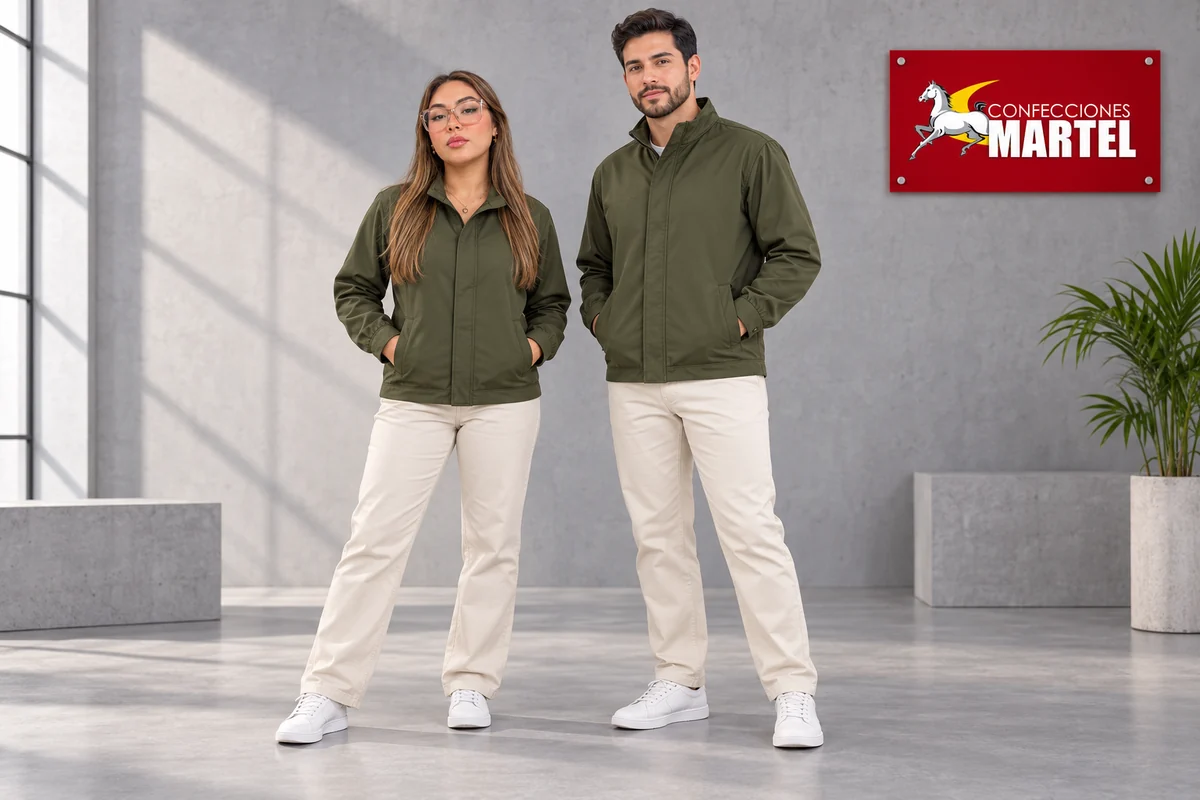 Dos modelos adultos presentan chaquetas verde oliva y pantalones blanco roto
