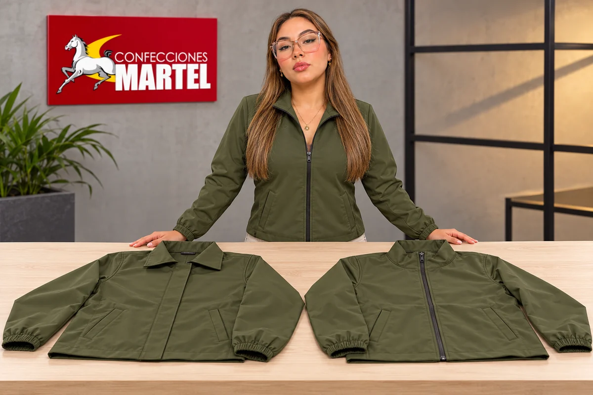 Modelo adulta con gafas presenta dos chaquetas oliva con tapeta cubierta y cremallera visible