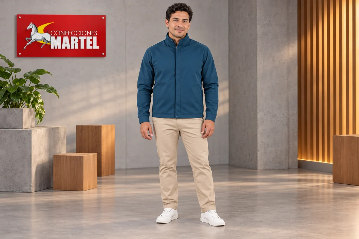 Modelo adulto presenta una chaqueta azul petróleo y pantalón arena en estudio