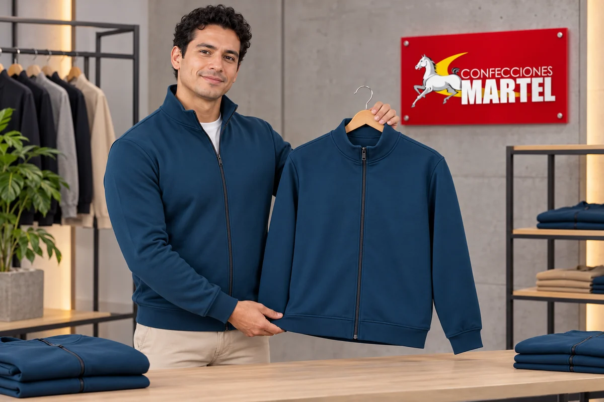 Modelo adulto sostiene una chaqueta azul petróleo de frente liso en percha