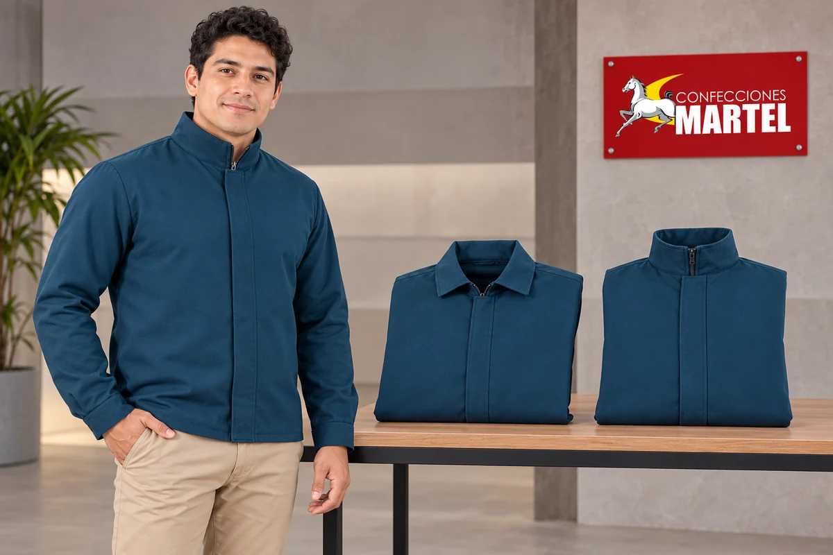 Modelo adulto compara chaquetas azul petróleo con cuello camisero y cuello alto