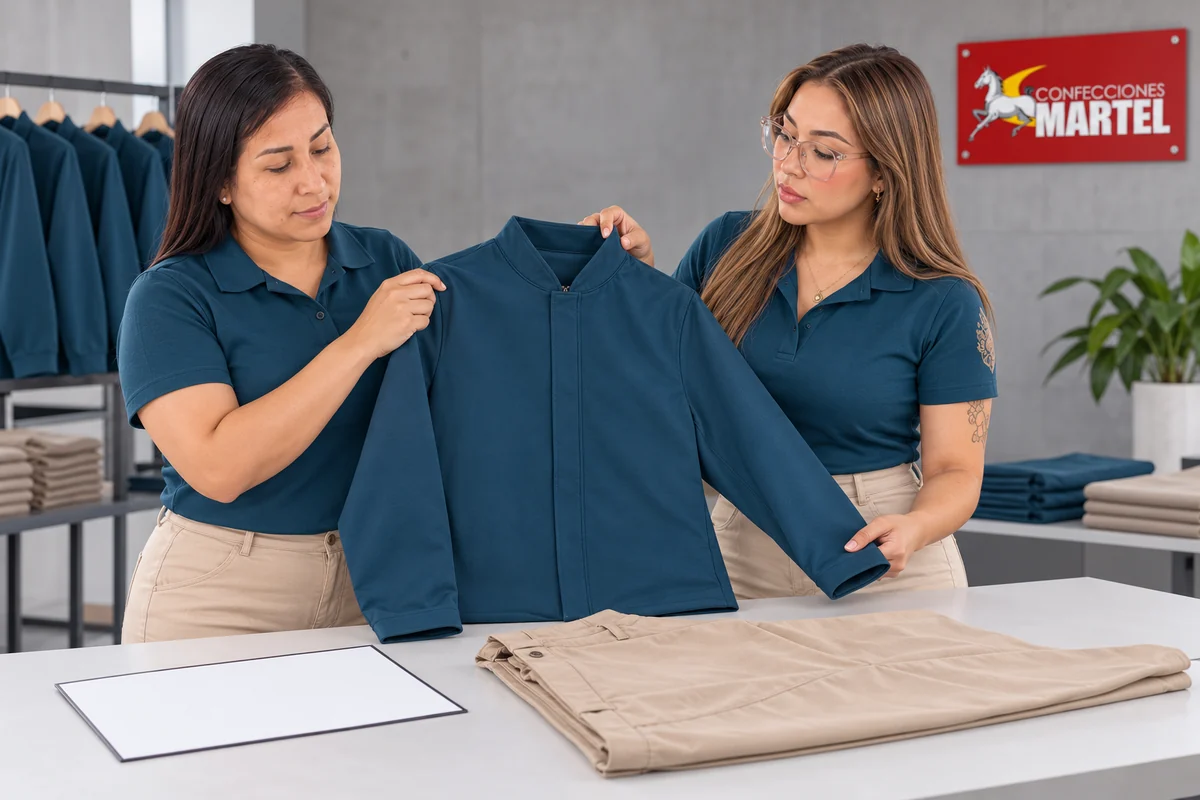Dos modelos adultas revisan una chaqueta azul petróleo sin bolsillos exteriores junto a un pantalón arena