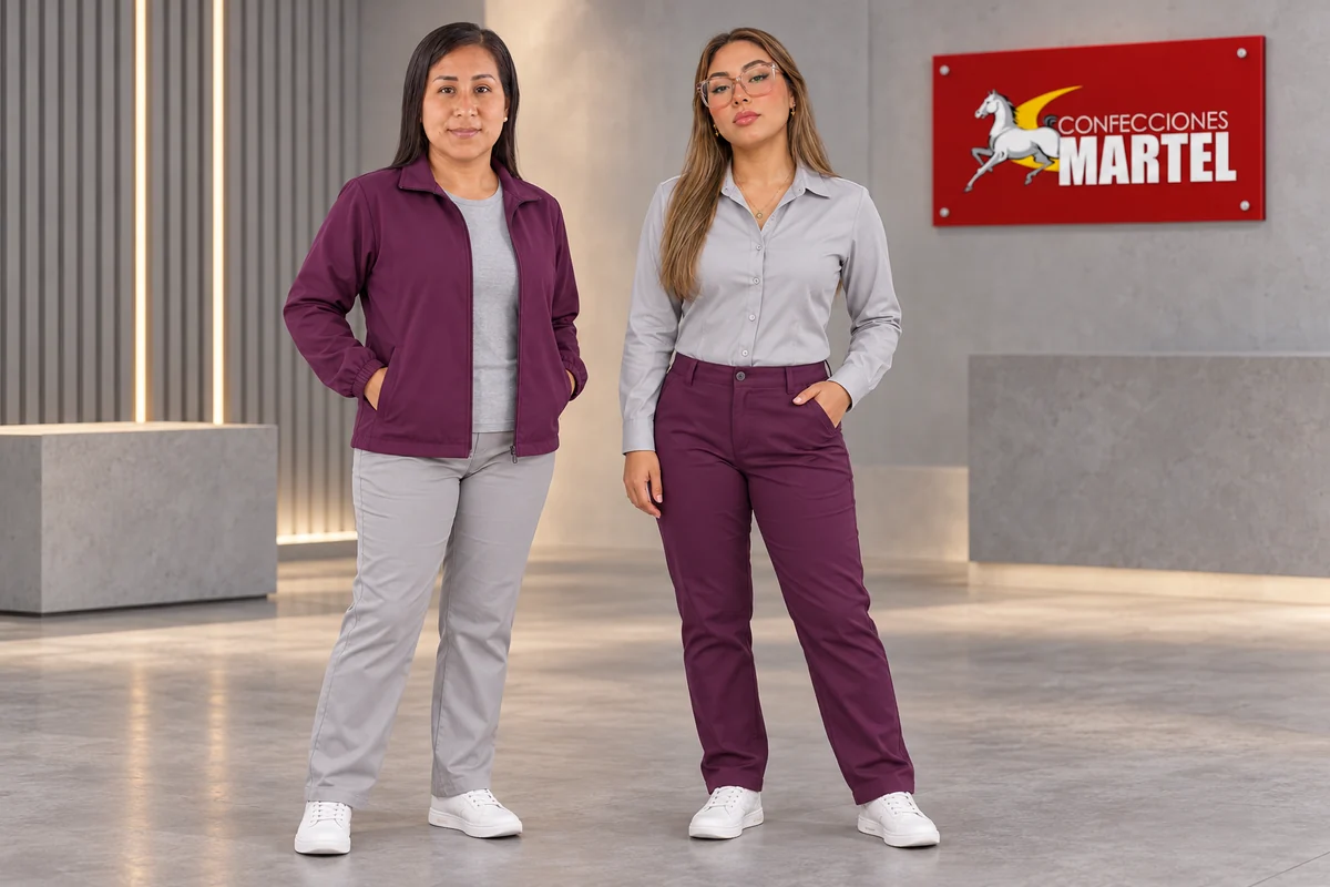 Dos modelos adultas presentan chaqueta ciruela y camisa gris claro con pantalones coordinados