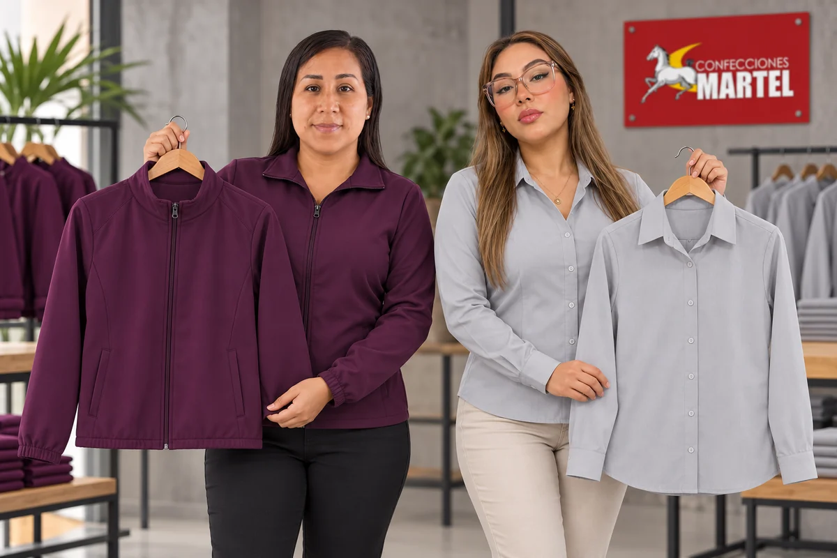 Dos modelos adultas sostienen una chaqueta ciruela y una camisa gris claro en perchas
