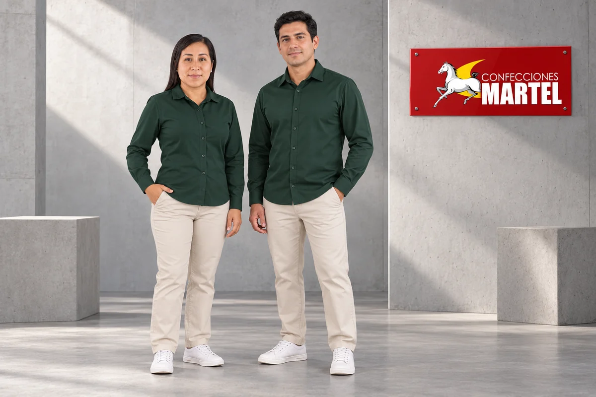 Dos modelos adultos presentan camisas verde bosque sin marcas y pantalones marfil