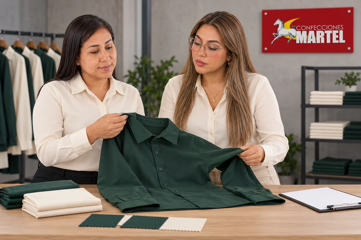 Dos modelos adultas revisan una camisa verde bosque sin marcas junto a retales y ficha en blanco