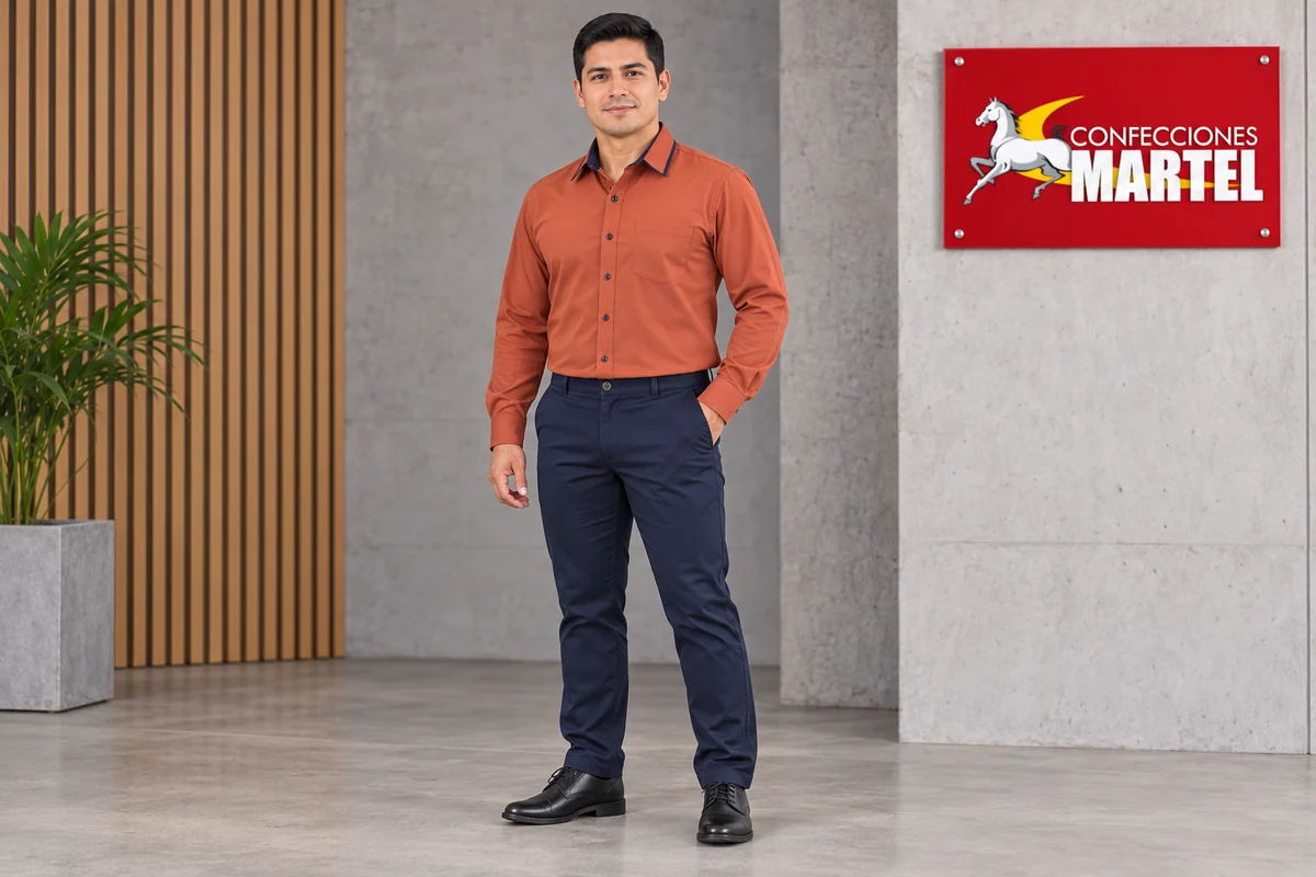 Modelo adulto presenta camisa terracota con ribete marino y pantalón azul marino