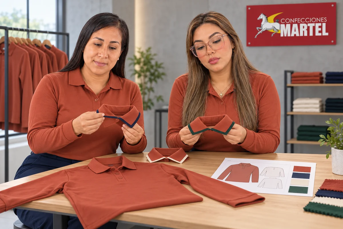 Dos modelos adultas revisan tres muestras de cuello con ribetes de color junto a un polo terracota