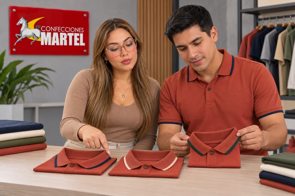 Dos modelos adultos comparan polos terracota con ribetes marino, marfil y verde