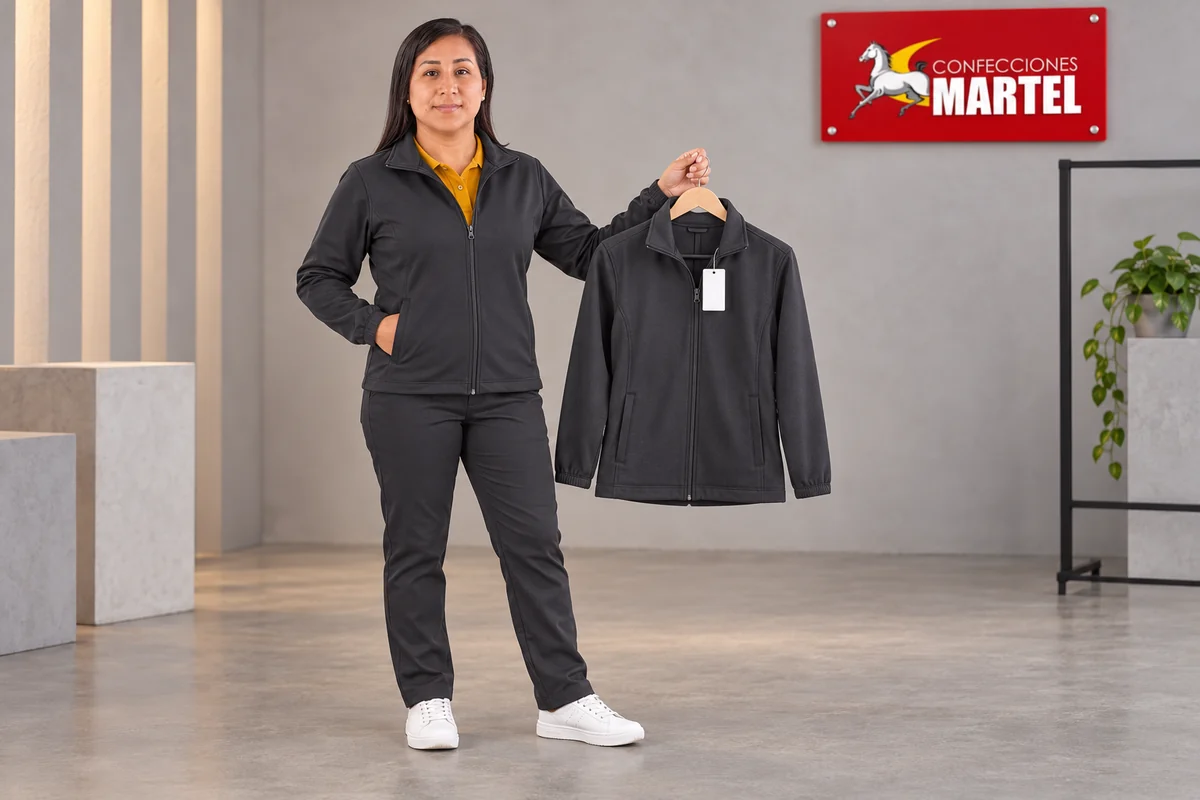 Modelo adulta con chaqueta y pantalón grafito sostiene una chaqueta en percha con etiqueta en blanco