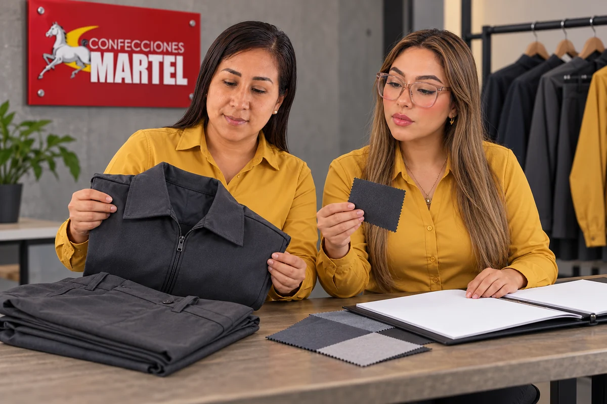 Dos modelos adultas comparan una chaqueta grafito y un retal junto a pantalón doblado y carpeta sin datos