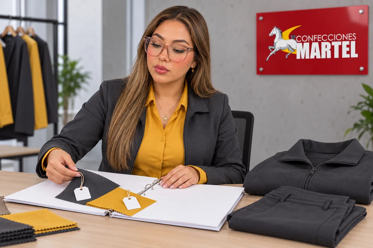 Modelo adulta con gafas revisa retales grafito y mostaza con etiquetas en blanco junto a prendas dobladas