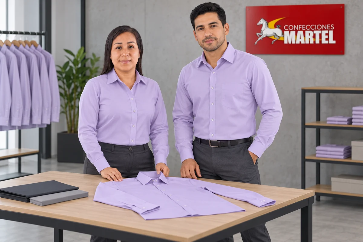 Dos modelos adultos presentan camisas lila y pantalones gris oscuro junto a una muestra extendida