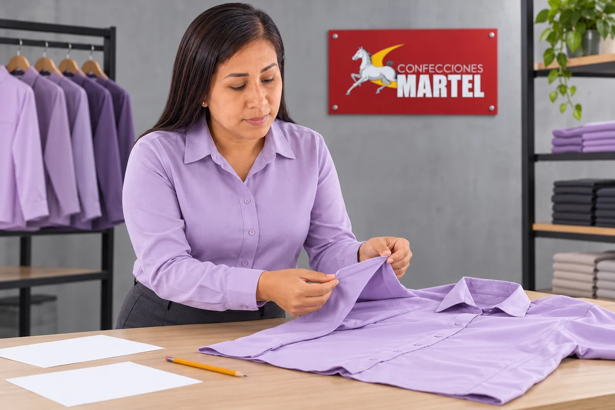 Modelo adulta revisa una costura de camisa lila junto a hojas en blanco