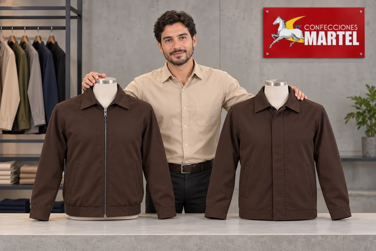 Modelo adulto compara chaquetas chocolate con cremallera visible y tapeta cubierta sobre maniquíes
