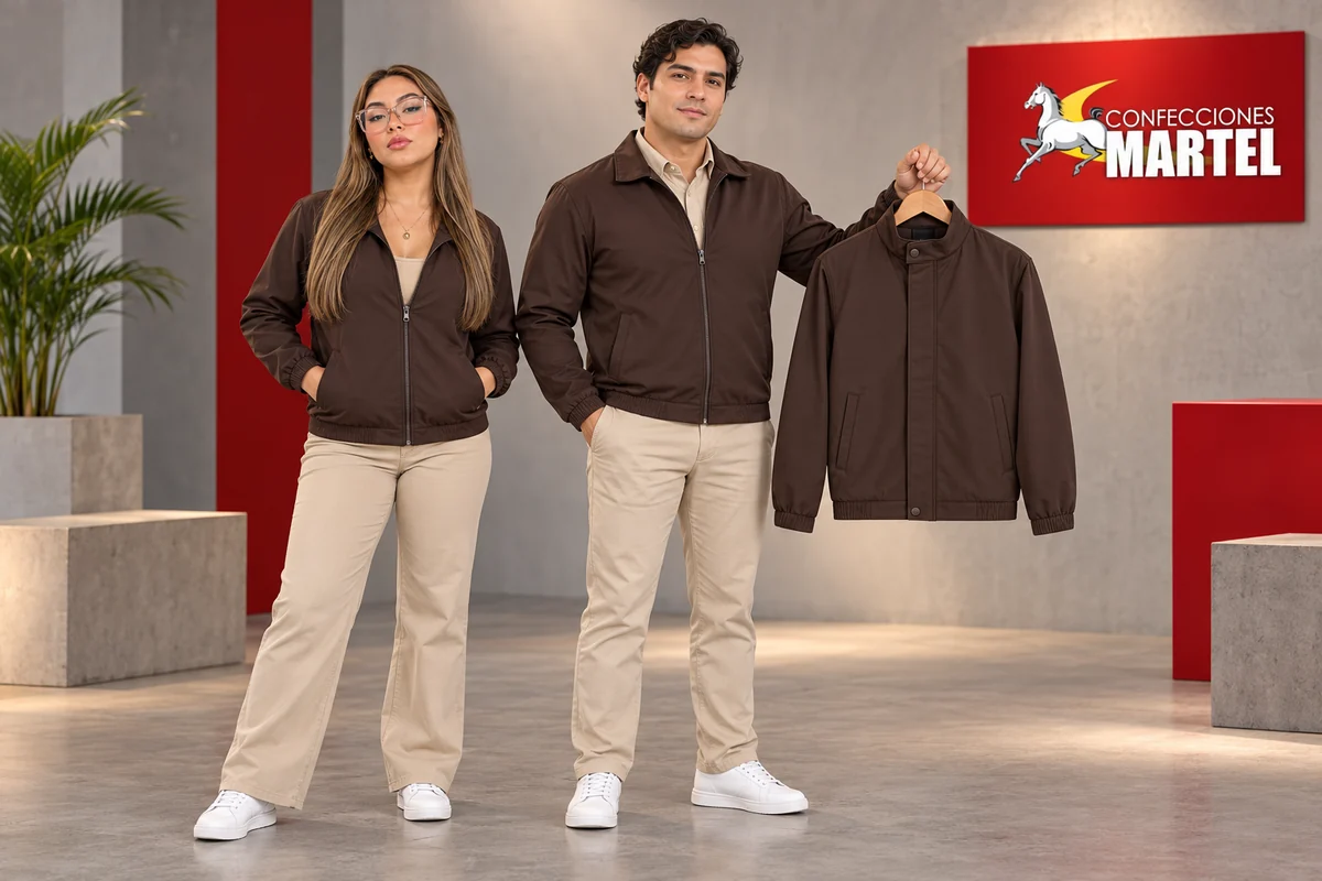 Dos modelos adultos presentan chaquetas chocolate y pantalones beige con otra chaqueta en percha