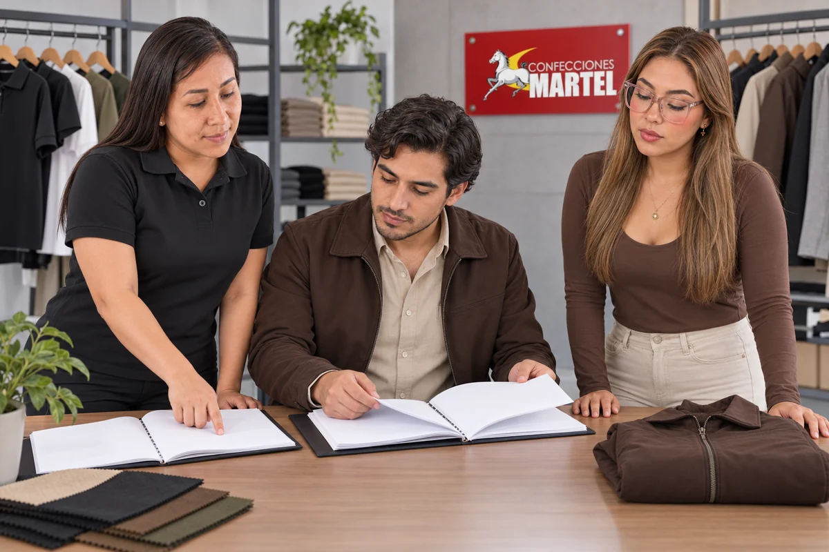 Tres modelos adultos revisan carpetas sin datos junto a una chaqueta chocolate doblada