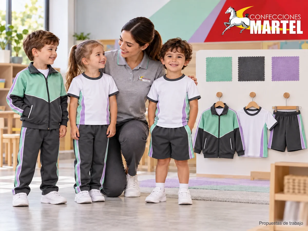 Propuesta ilustrativa Martel: muestras de color y tres prendas juntoaadulto.
