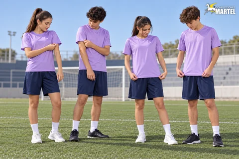 Cuatro adolescentes con camisetas lilas y shorts azul marino revisan mangas y largos en cancha.