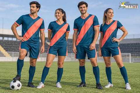 Cuatro adultos con camisetas azul petróleo de panel diagonal coral y shorts a juego en cancha.
