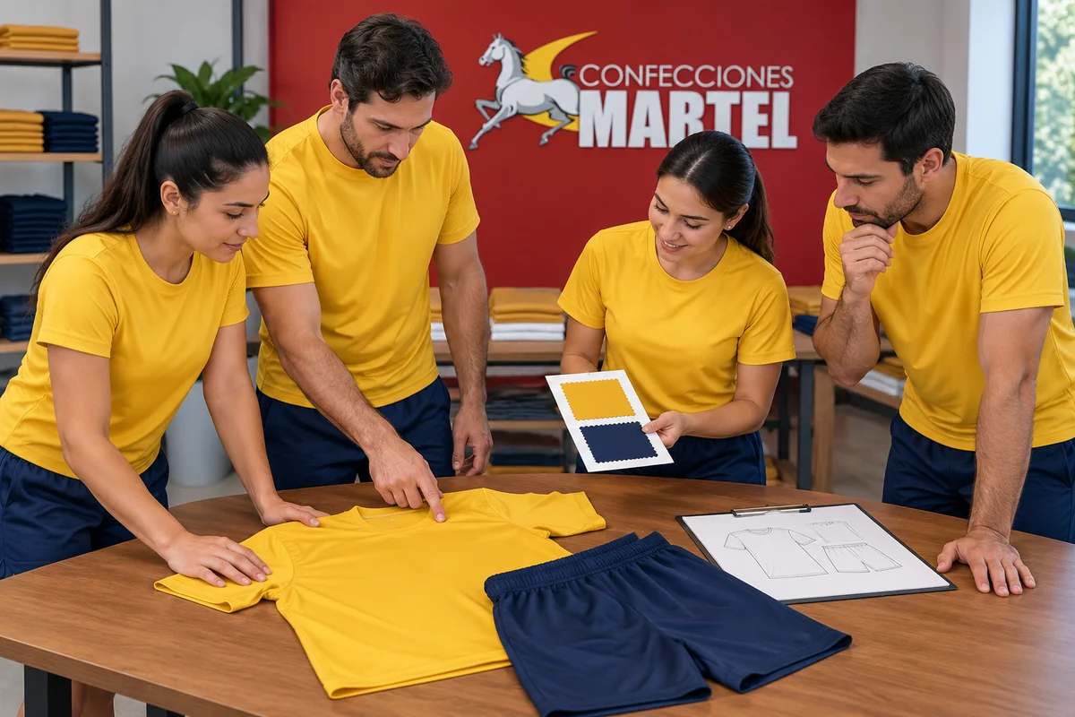 Cuatro adultos revisan una camiseta mostaza de pecho liso, un short azul marino y muestras sobre una mesa.