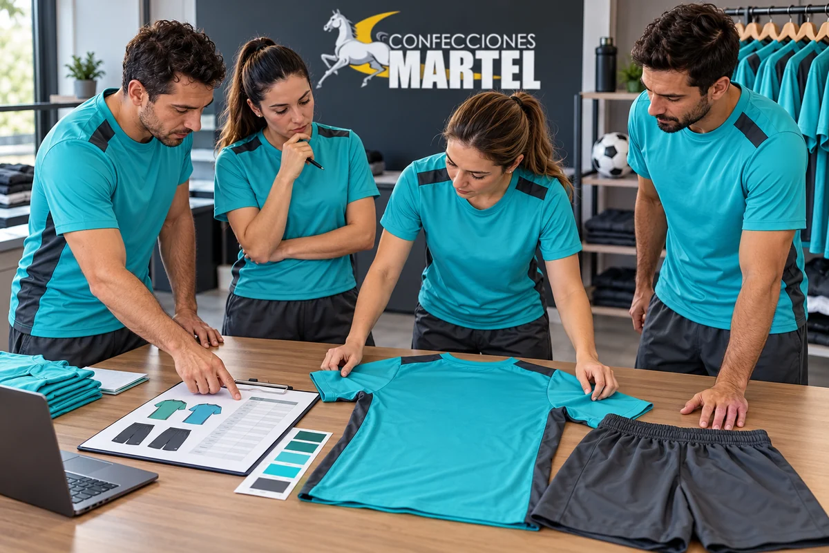 Cuatro adultos revisan una camiseta turquesa, un short gris y muestras de color sobre una mesa.