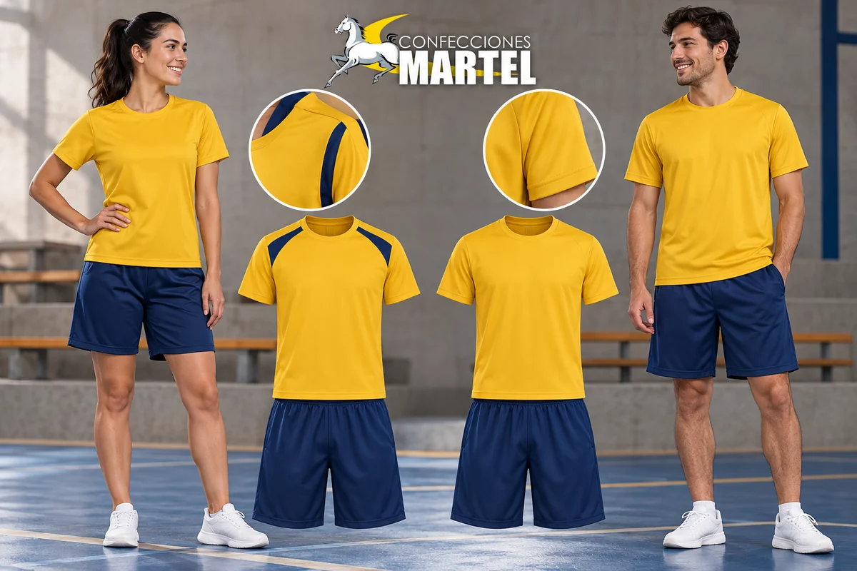 Dos adultos junto a variantes de camisetas mostaza, una con paneles azul marino y otra lisa.