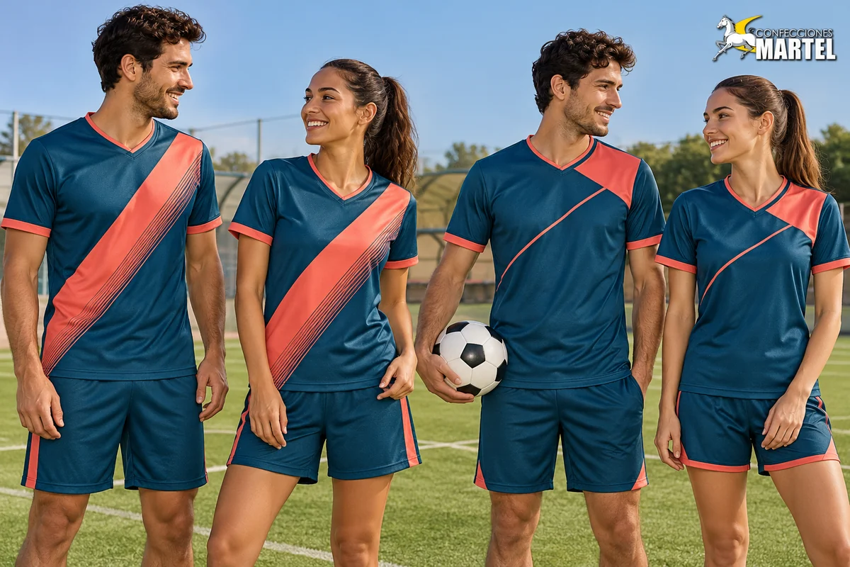 Cuatro adultos comparan dos diseños de panel diagonal coral sobre camisetas azul petróleo.