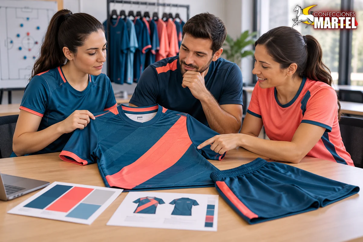 Tres adultos revisan camiseta de panel coral, short azul petróleo y muestras sobre mesa.