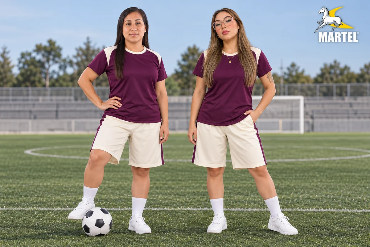 Dos mujeres adultas con camisetas ciruela y shorts marfil en una cancha de fútbol.
