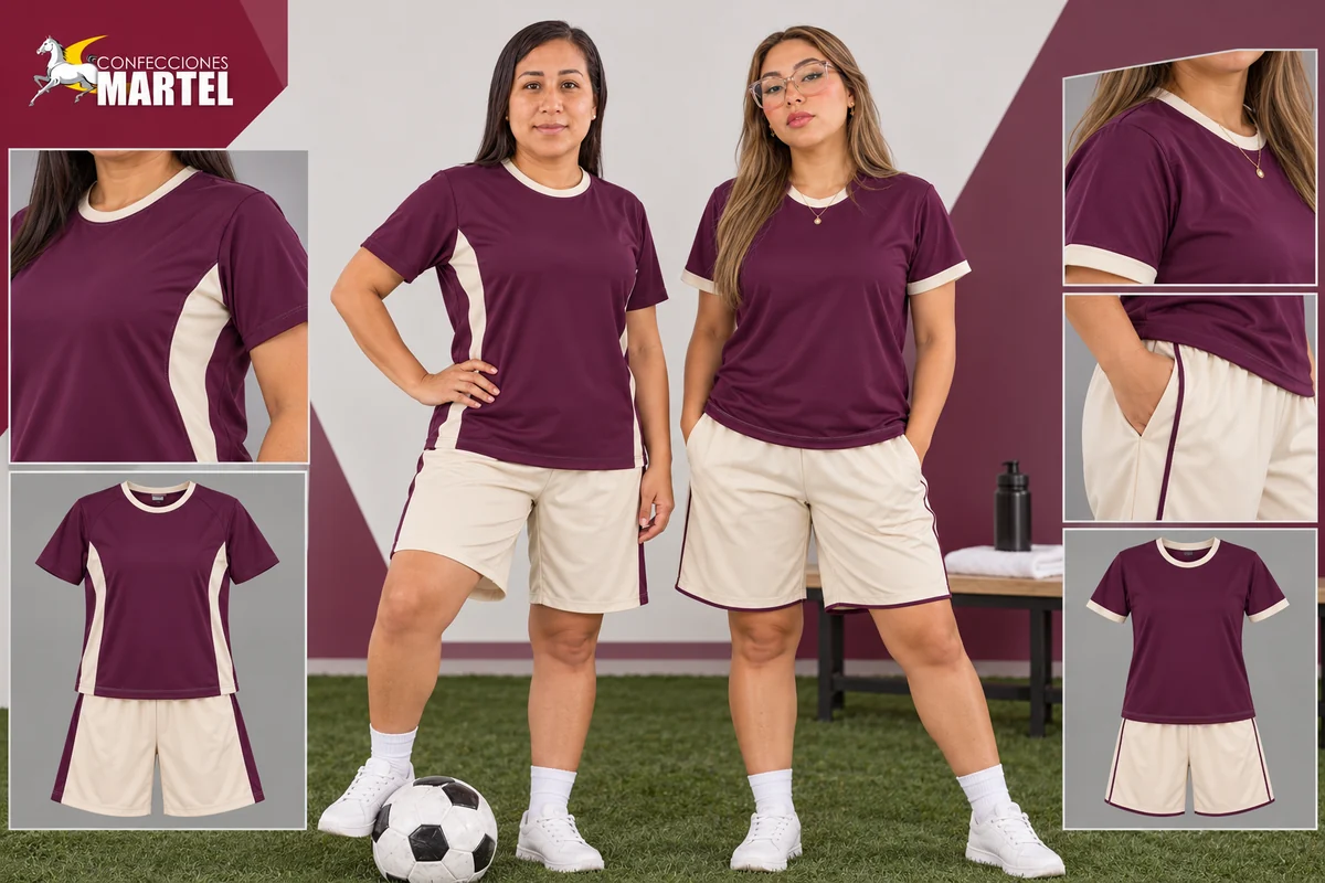 Dos mujeres muestran variantes de camisetas ciruela con paneles y terminaciones marfil.
