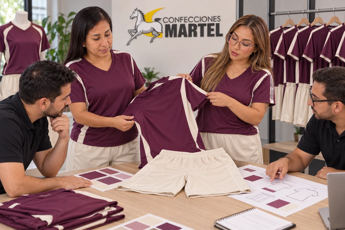 Dos mujeres y dos hombres adultos revisan una camiseta ciruela, shorts marfil y muestras sobre una mesa.