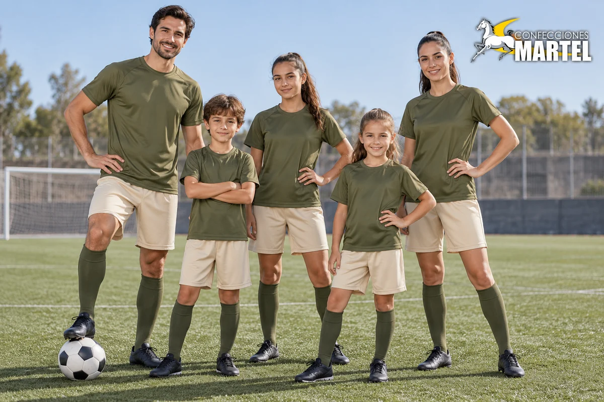 Adultos y menores ficticios con camisetas verde oliva, shorts arena y medias verdes en una cancha.