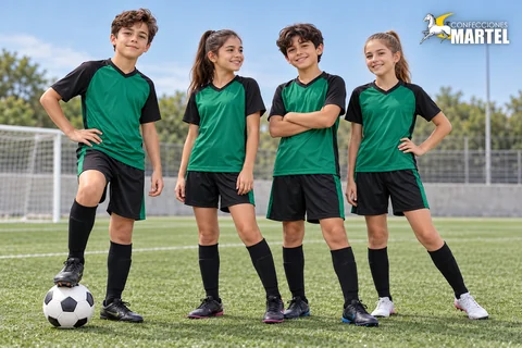 Cuatro niños y niñas con camisetas verdes y negras, shorts negros y medias en una cancha.