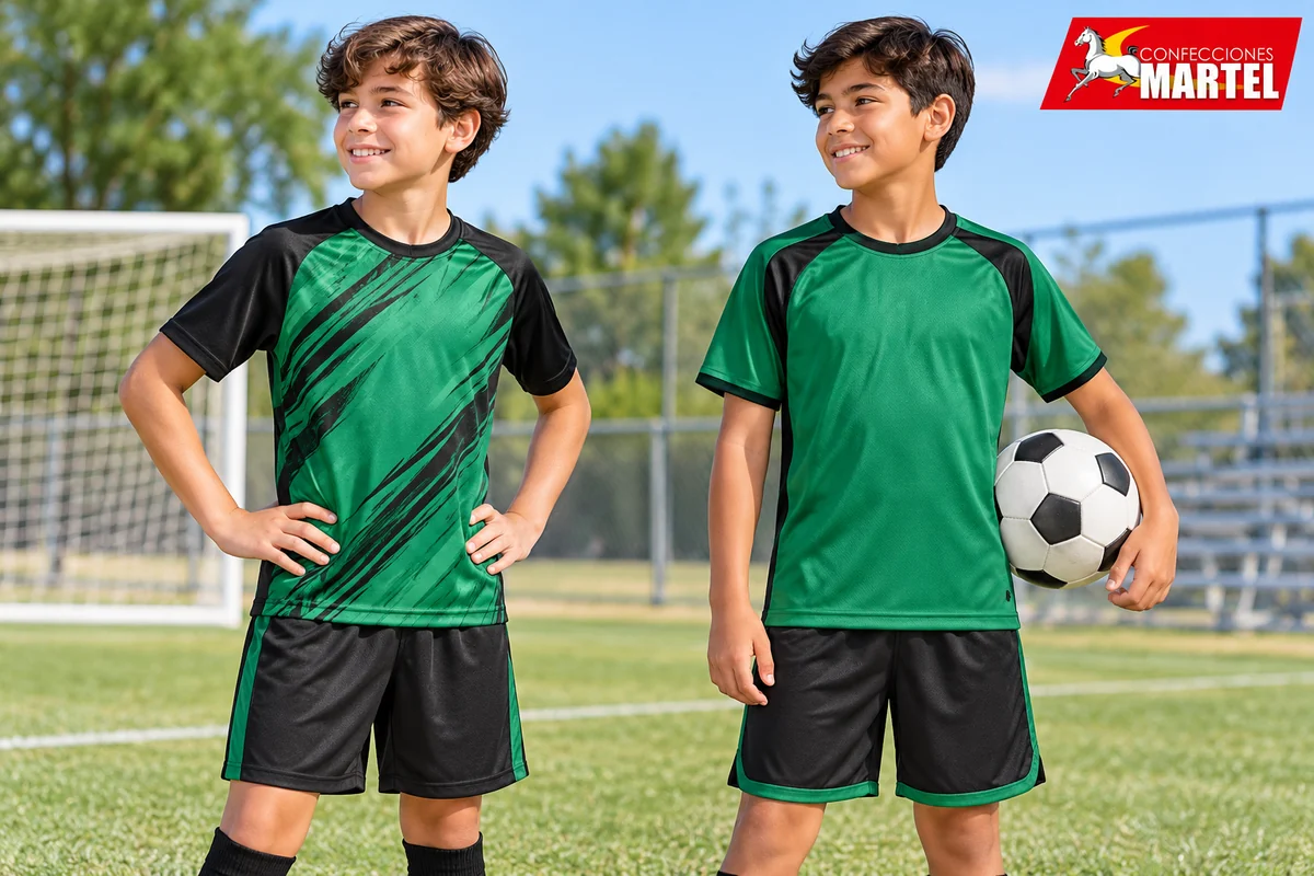 Dos niños comparan camisetas verdes lisa y estampada con shorts negros.